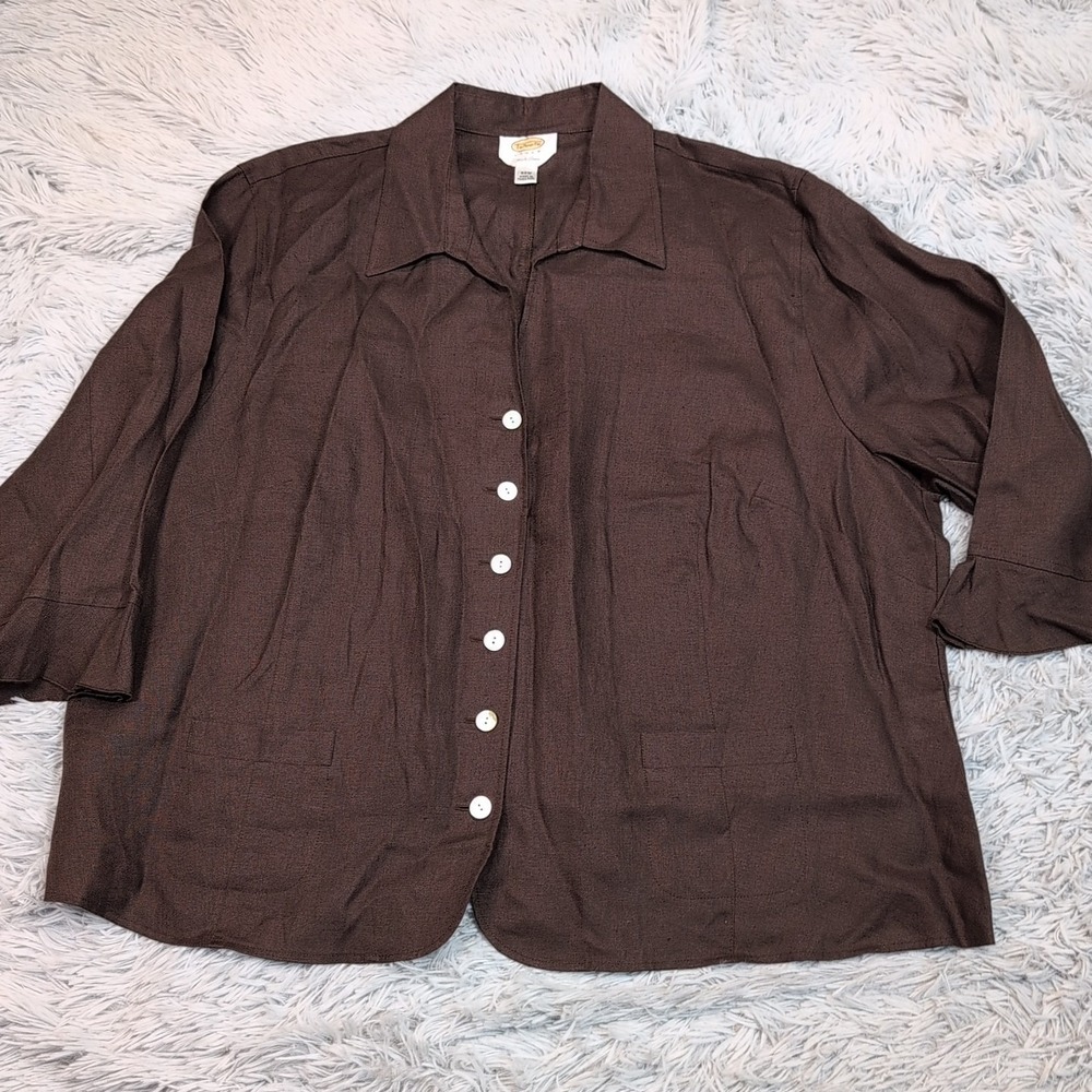 Talbots Shirt Womens 22W Brown Irish Linen Button Up Comfort Preppy Lightweight